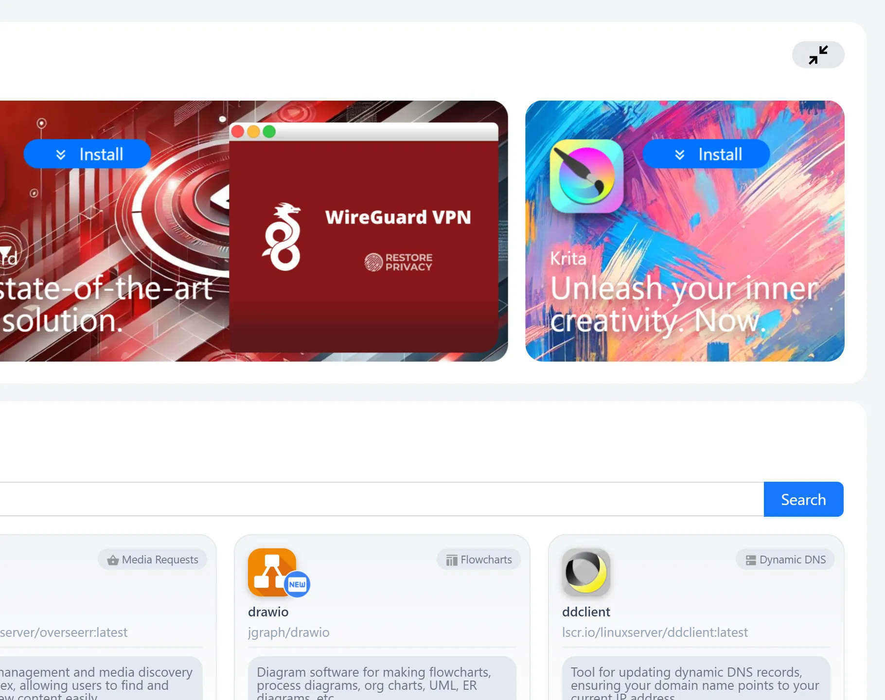 HomeDock OS App Store Showcasing some Applications
